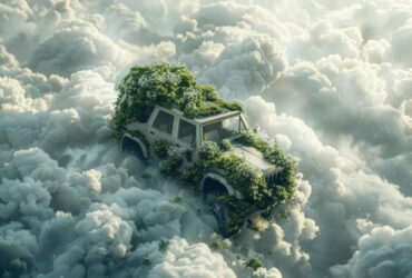 SUV overgrown with vines and greenery hovering among fluffy clouds in a surreal sky scene