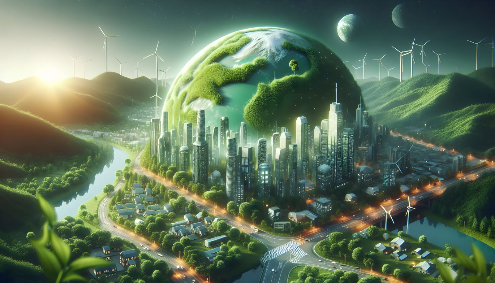 Futuristic green cityscape with tall towers, winding highways, and wind turbines among lush hills and a green planet in the sky.