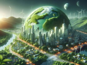 Futuristic green cityscape with tall towers, winding highways, and wind turbines among lush hills and a green planet in the sky.