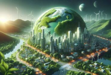 Futuristic green cityscape with tall towers, winding highways, and wind turbines among lush hills and a green planet in the sky.