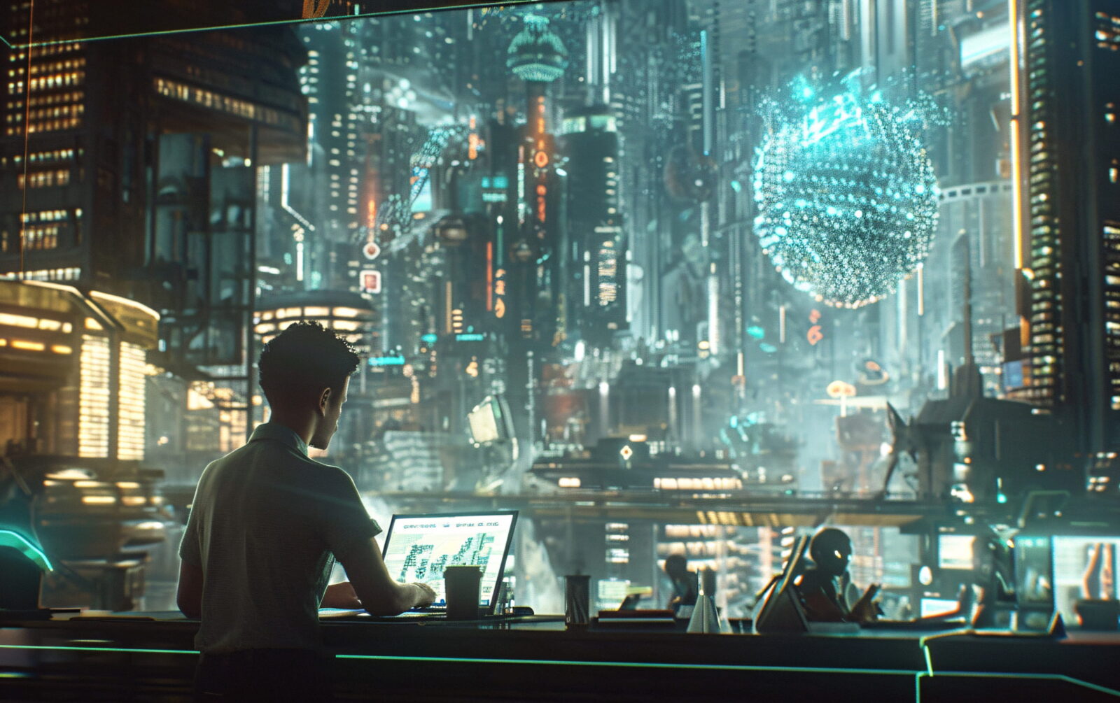 Person at a high-tech workstation, typing on a laptop as a holographic cityscape glows behind a glass wall.