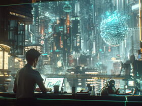 Person at a high-tech workstation, typing on a laptop as a holographic cityscape glows behind a glass wall.