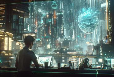 Person at a high-tech workstation, typing on a laptop as a holographic cityscape glows behind a glass wall.