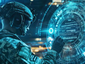 Soldier in camouflage gear touches a glowing circular holographic data interface in blue hues.
