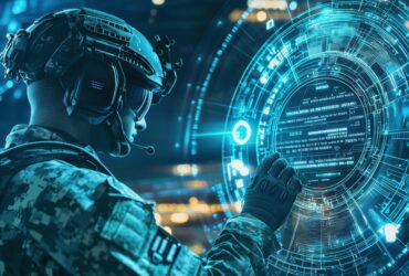 Soldier in camouflage gear touches a glowing circular holographic data interface in blue hues.