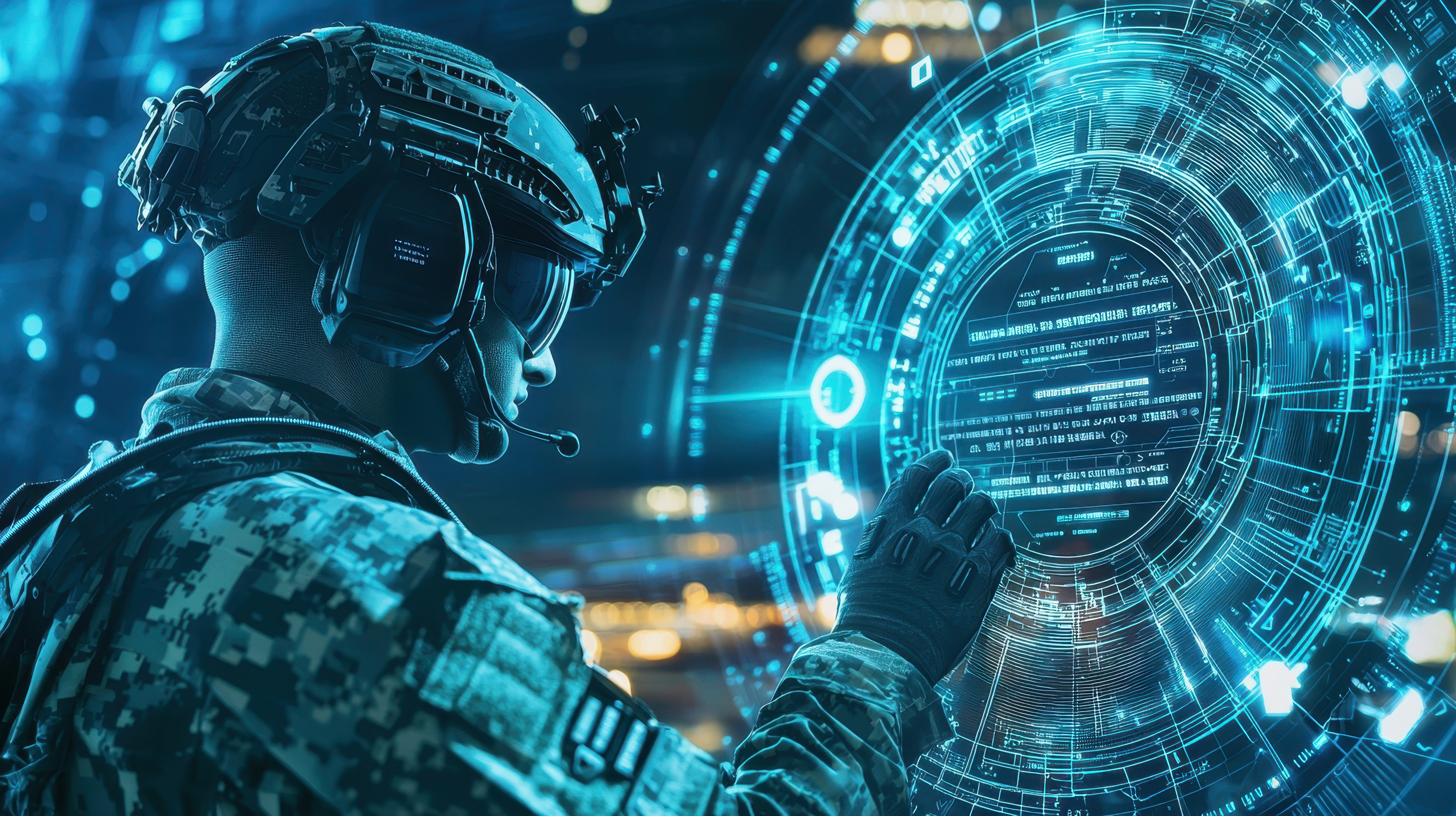 Soldier in camouflage gear touches a glowing circular holographic data interface in blue hues.