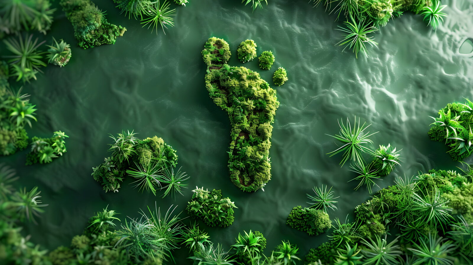 Aerial view of lush green islets forming a footprint shape in calm turquoise water.