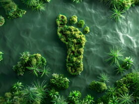 Aerial view of lush green islets forming a footprint shape in calm turquoise water.