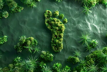 Aerial view of lush green islets forming a footprint shape in calm turquoise water.