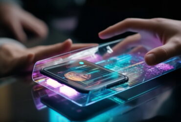 Close-up of hands interacting with a translucent touchscreen displaying colorful holographic graphics.