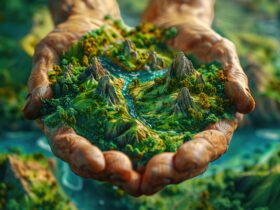 Weathered hands cradle a tiny, detailed landscape with mountains, forests, and a winding river.