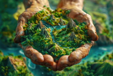 Weathered hands cradle a tiny, detailed landscape with mountains, forests, and a winding river.