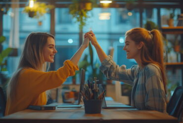 Two women in a cozy cafe share a high-five and smile at each other over a table with laptops and art supplies nearby.