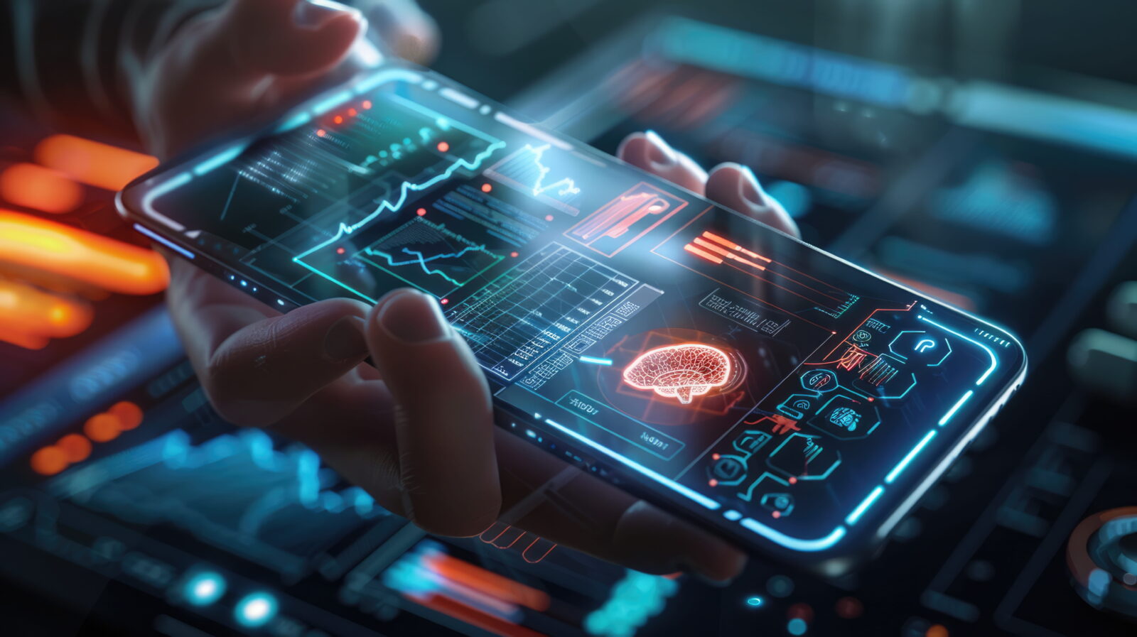 Hands holding a smartphone showing neon medical data visuals and a brain diagram on screen] (concise: Brain image with glowing charts on a phone screen)