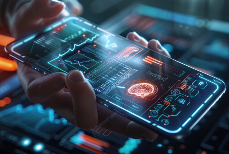 Hands holding a smartphone showing neon medical data visuals and a brain diagram on screen] (concise: Brain image with glowing charts on a phone screen)