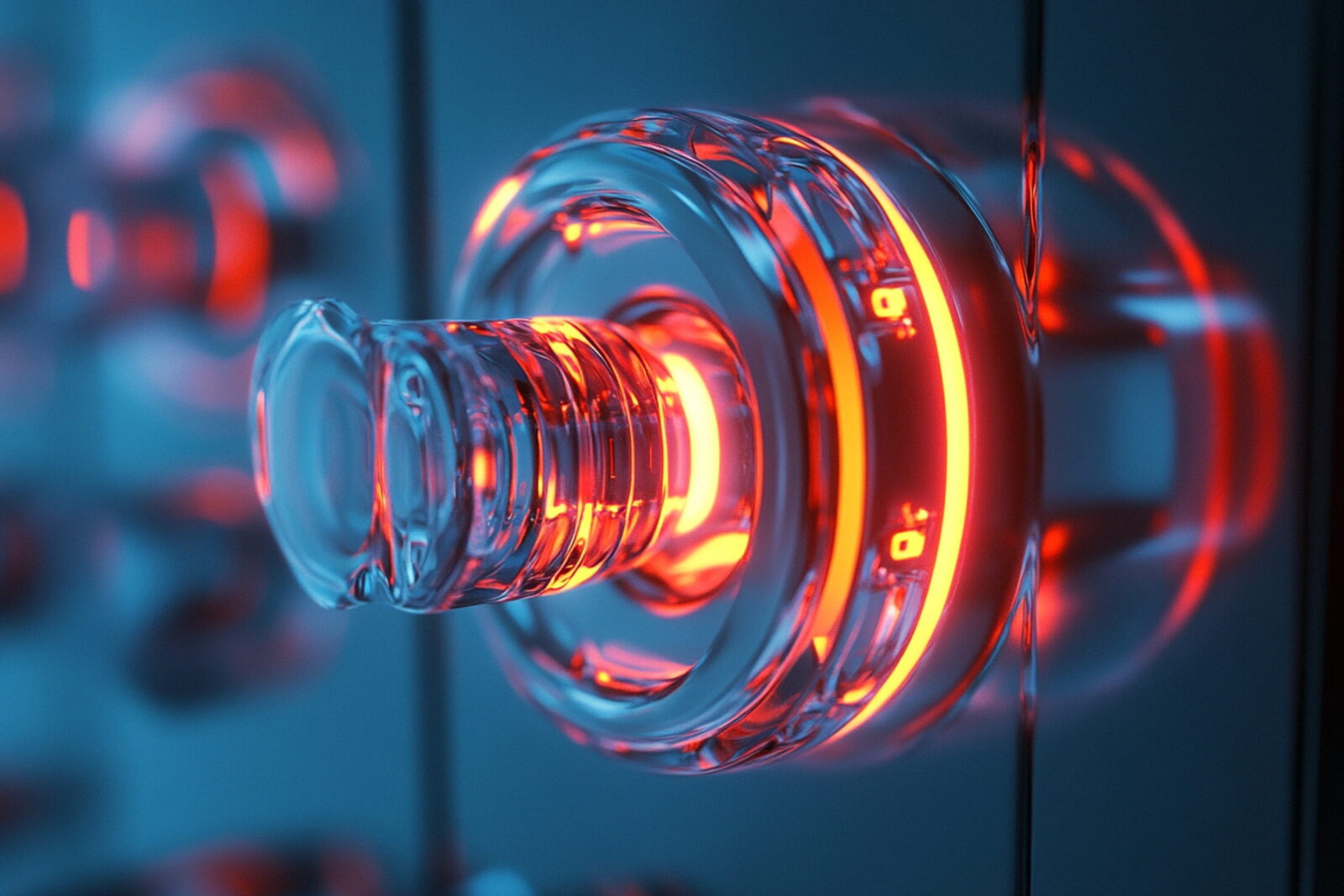 Close-up of a glass doorknob glowing with red and orange light in a blue-lit room, macro shot.