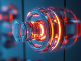 Close-up of a glass doorknob glowing with red and orange light in a blue-lit room, macro shot.
