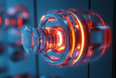 Close-up of a glass doorknob glowing with red and orange light in a blue-lit room, macro shot.