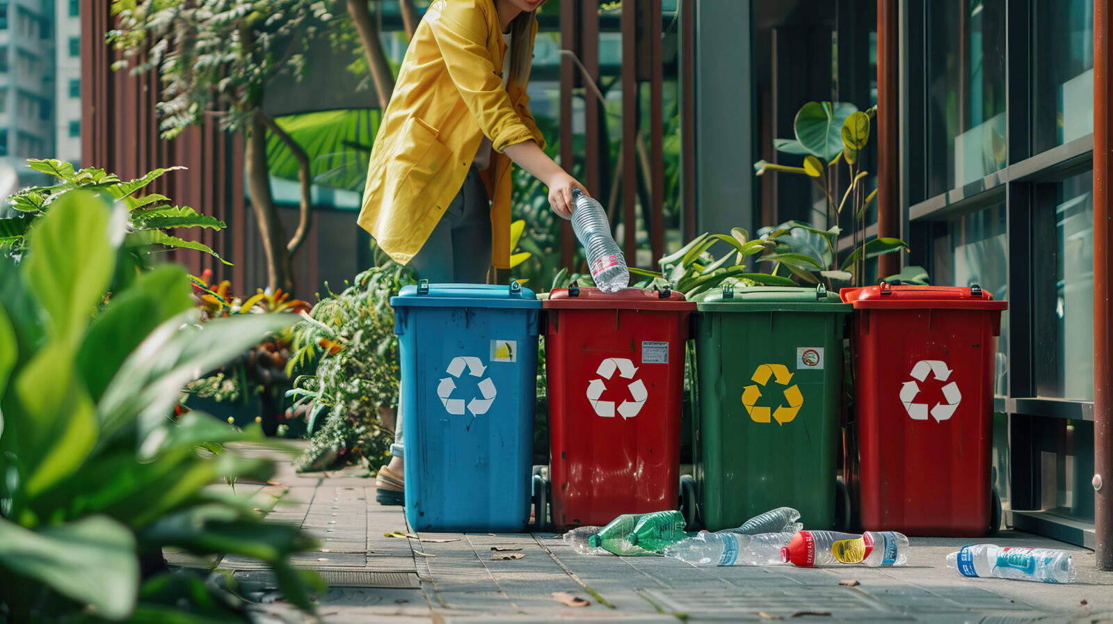 Person in a yellow jacket sorts recycling into blue, red, green bins on a city sidewalk with bottles nearby.