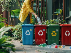 Person in a yellow jacket sorts recycling into blue, red, green bins on a city sidewalk with bottles nearby.