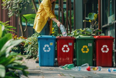 Person in a yellow jacket sorts recycling into blue, red, green bins on a city sidewalk with bottles nearby.