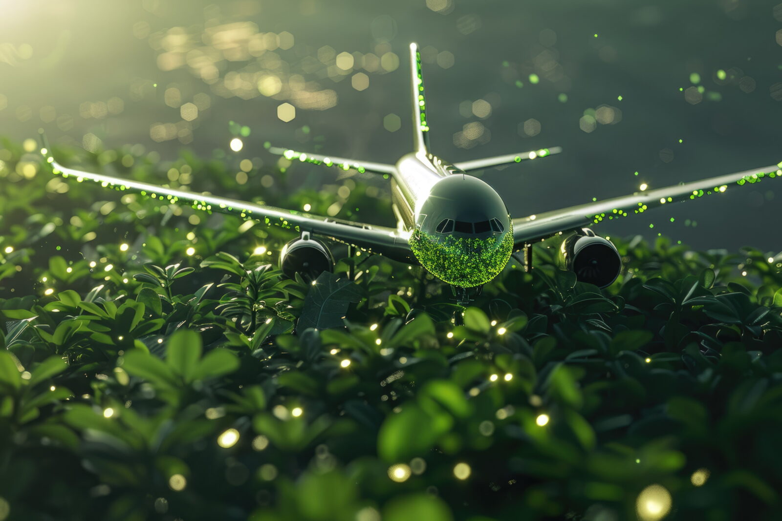 Toy airplane with green glitter on nose and wings amid leafy greenery and soft bokeh lights in a sunlit scene.