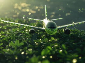 Toy airplane with green glitter on nose and wings amid leafy greenery and soft bokeh lights in a sunlit scene.