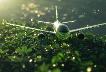 Toy airplane with green glitter on nose and wings amid leafy greenery and soft bokeh lights in a sunlit scene.