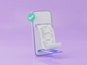 Smartphone printing a long receipt with a green checkmark indicating success of a transaction moment.