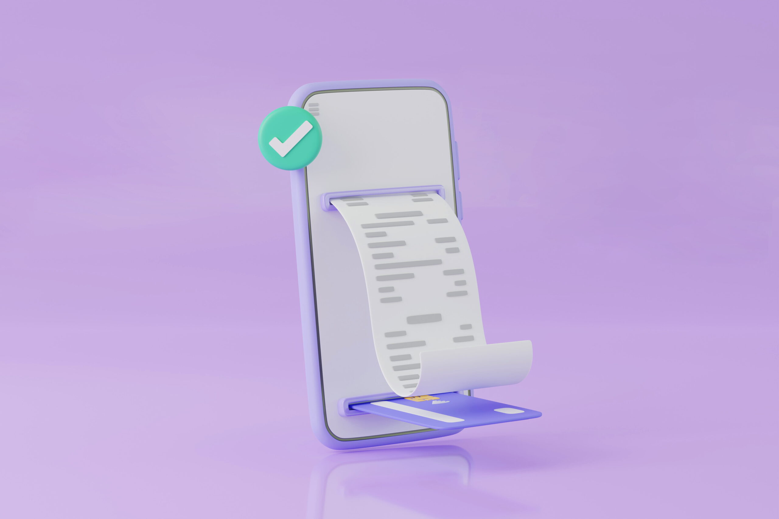 Smartphone printing a long receipt with a green checkmark indicating success of a transaction moment.