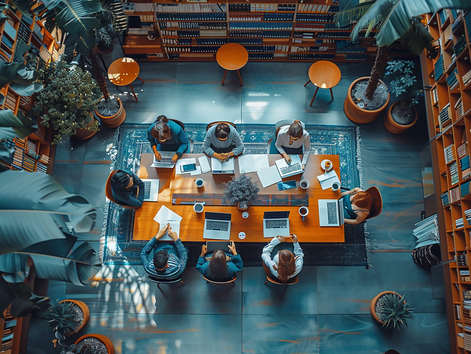 Overhead view of a group collaborating around a long wooden table in a library, with laptops, papers, and coffee mugs.