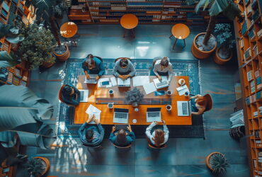 Overhead view of a group collaborating around a long wooden table in a library, with laptops, papers, and coffee mugs.
