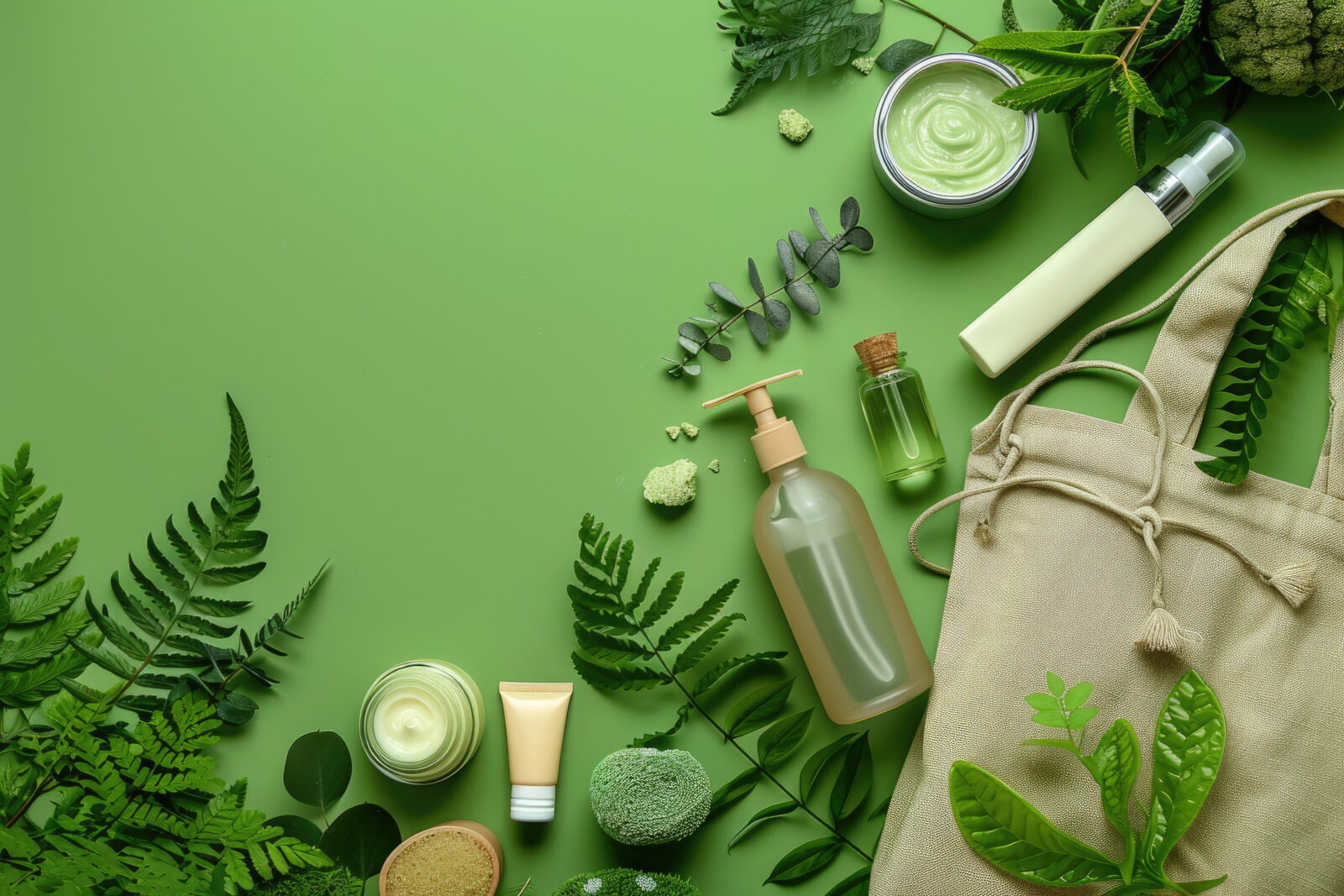 Flat lay of green skincare products and fresh botanicals around a beige tote bag on a lime background, conveying an eco-friendly beauty theme.