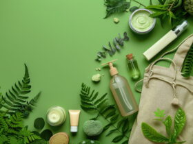 Flat lay of green skincare products and fresh botanicals around a beige tote bag on a lime background, conveying an eco-friendly beauty theme.