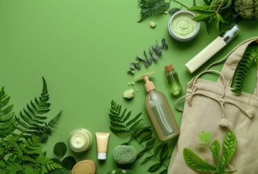Flat lay of green skincare products and fresh botanicals around a beige tote bag on a lime background, conveying an eco-friendly beauty theme.
