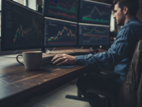 Trader monitoring multiple stock charts on curved monitors at a wooden desk, with a mug in the foreground.
