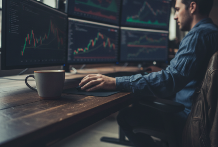 Trader monitoring multiple stock charts on curved monitors at a wooden desk, with a mug in the foreground.