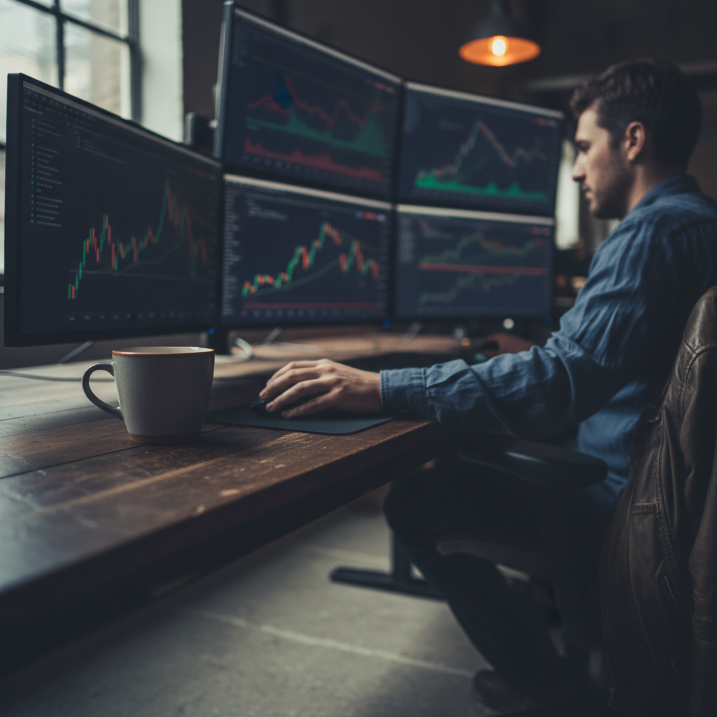 Trader monitoring multiple stock charts on curved monitors at a wooden desk, with a mug in the foreground.