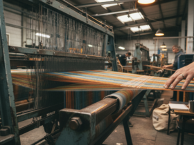 Industrial loom weaving colorful threads in a workshop, a hand guiding the fabric at the edge.