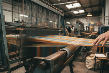 Industrial loom weaving colorful threads in a workshop, a hand guiding the fabric at the edge.