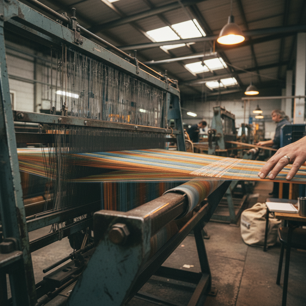 Industrial loom weaving colorful threads in a workshop, a hand guiding the fabric at the edge.