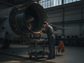 Aircraft maintenance technician in coveralls inspecting a jet engine mounted on a stand with a tool cart nearby.