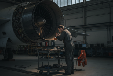 Aircraft maintenance technician in coveralls inspecting a jet engine mounted on a stand with a tool cart nearby.