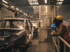 Automotive assembly line with metal car bodies and welding sparks; a worker in a hard hat and high-visibility vest watches from the right.