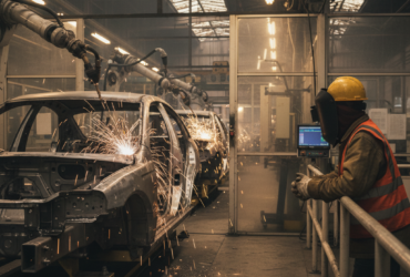 Automotive assembly line with metal car bodies and welding sparks; a worker in a hard hat and high-visibility vest watches from the right.