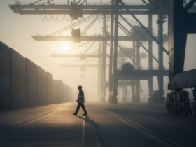 Worker in a safety vest and hard hat walks along a container yard with towering gantry cranes in a hazy port scene at dawn/sunset.