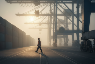 Worker in a safety vest and hard hat walks along a container yard with towering gantry cranes in a hazy port scene at dawn/sunset.