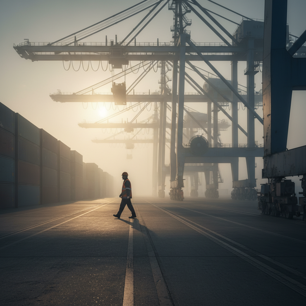 Worker in a safety vest and hard hat walks along a container yard with towering gantry cranes in a hazy port scene at dawn/sunset.