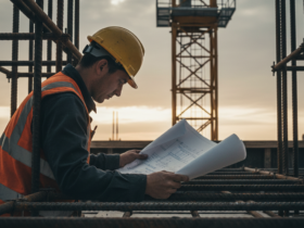 Construction worker in a yellow helmet and orange vest studies blueprints on a metal framework at sunset.