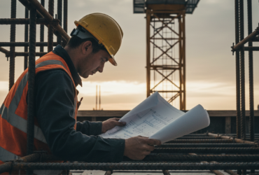 Construction worker in a yellow helmet and orange vest studies blueprints on a metal framework at sunset.
